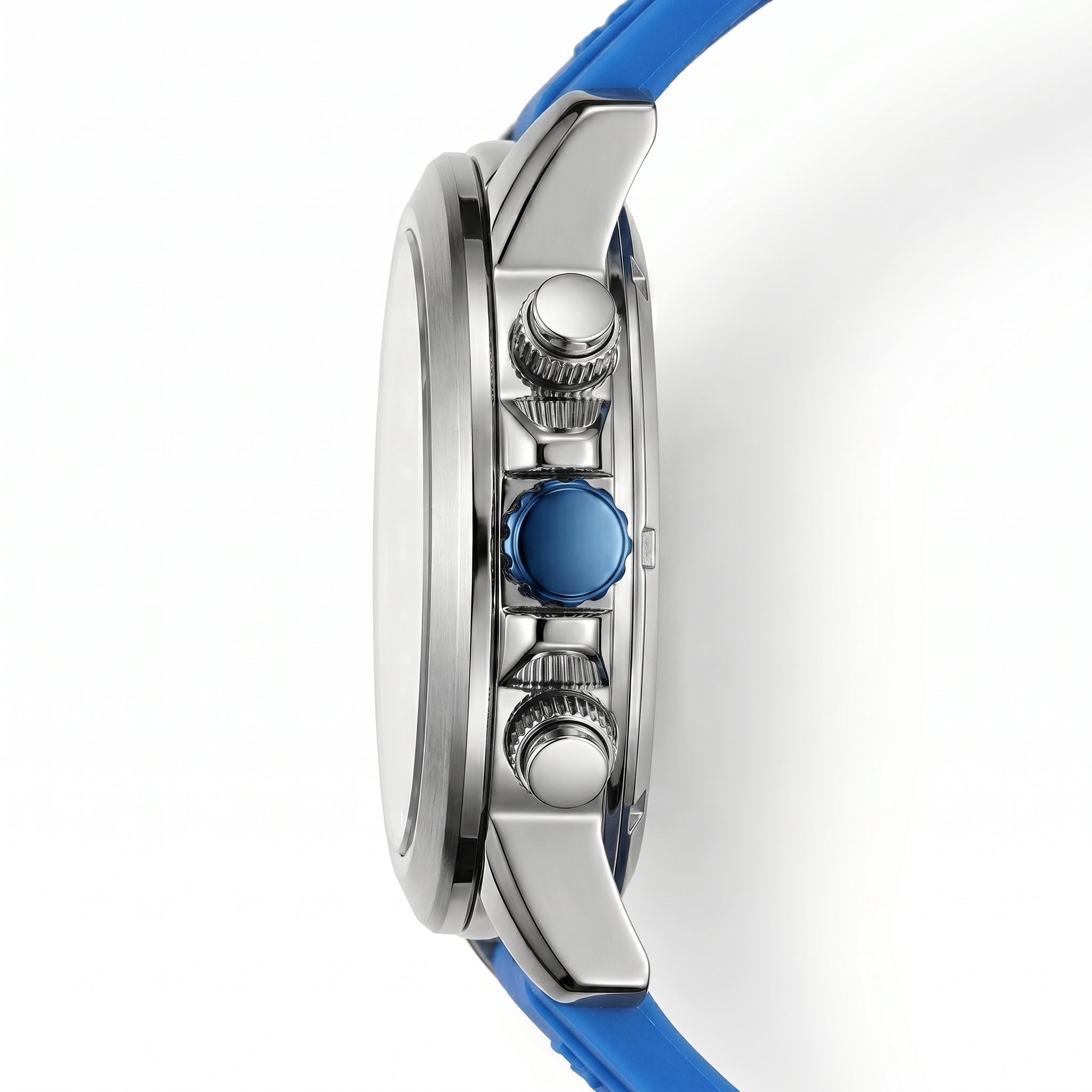 Close-up of a watch with a blue strap and silver case on a white background