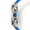 Close-up of a watch with a blue strap and silver case on a white background