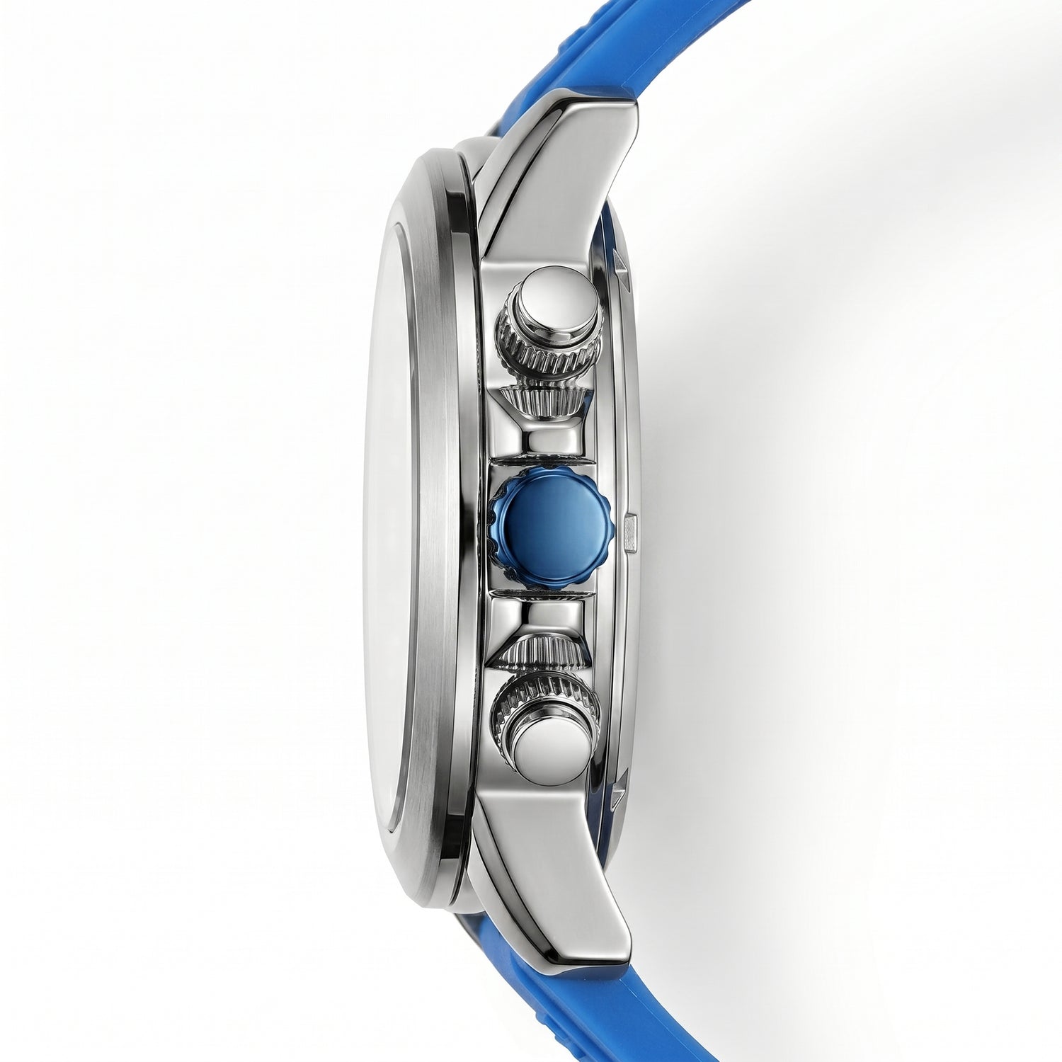 Close-up of a watch with a blue strap and silver case on a white background