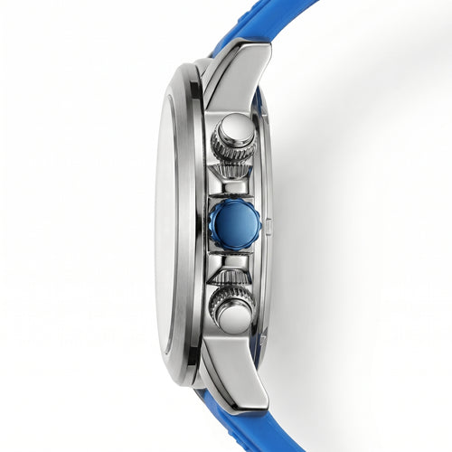 Close-up of a watch with a blue strap and silver case on a white background