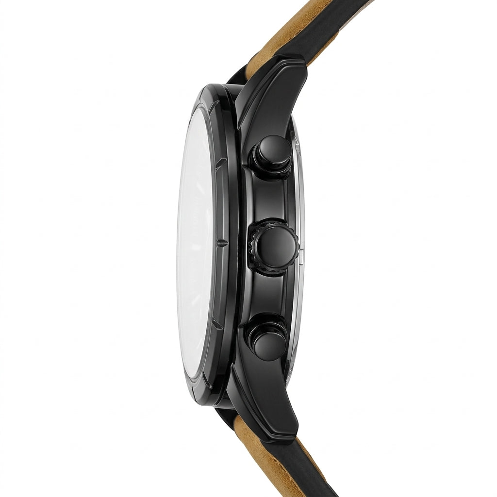 Close-up of a watch with a brown strap and black case on a white background