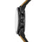 Close-up of a watch with a brown strap and black case on a white background