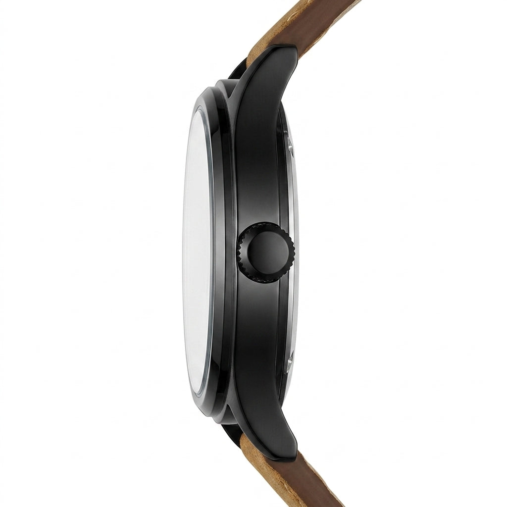 Close-up of a watch with a brown strap on a white background