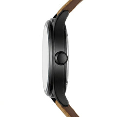 Close-up of a watch with a brown strap on a white background