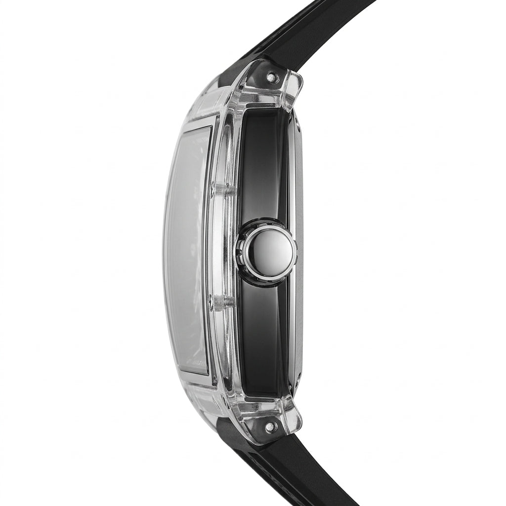 Close-up of a watch with a clear case and black strap on a white background