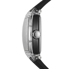 Close-up of a watch with a clear case and black strap on a white background
