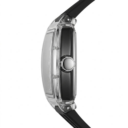 Close-up of a watch with a clear case and black strap on a white background