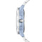 Close-up of a watch with a light blue strap and silver case on a white background