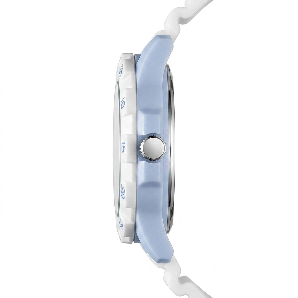 Close-up of a watch with a light blue strap and silver case on a white background