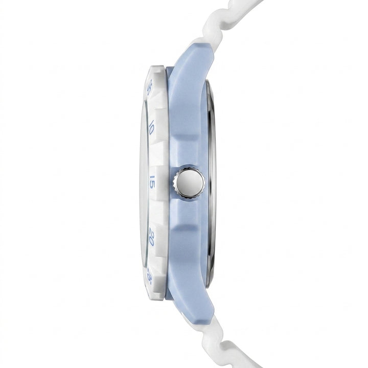 Close-up of a watch with a light blue strap and silver case on a white background