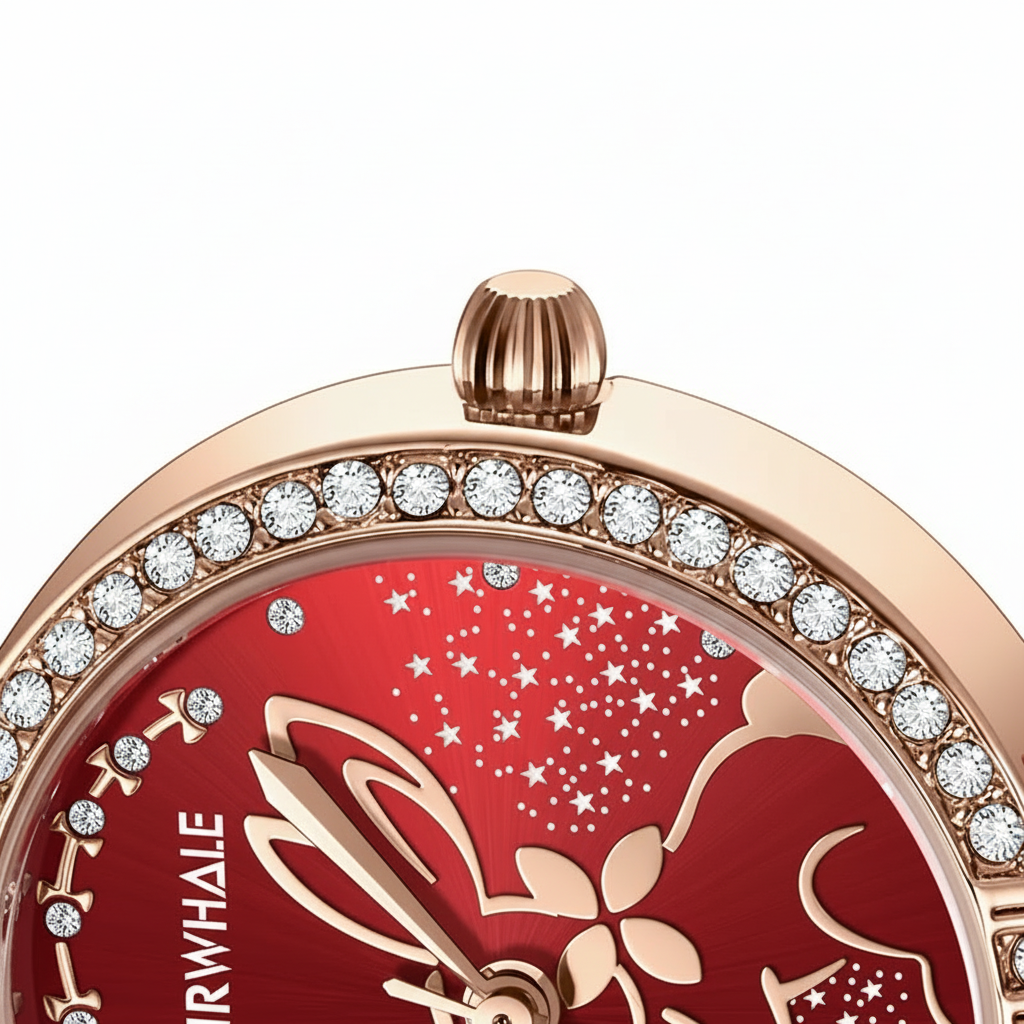 Close-up of a watch with a red face and rose gold accents on a white background