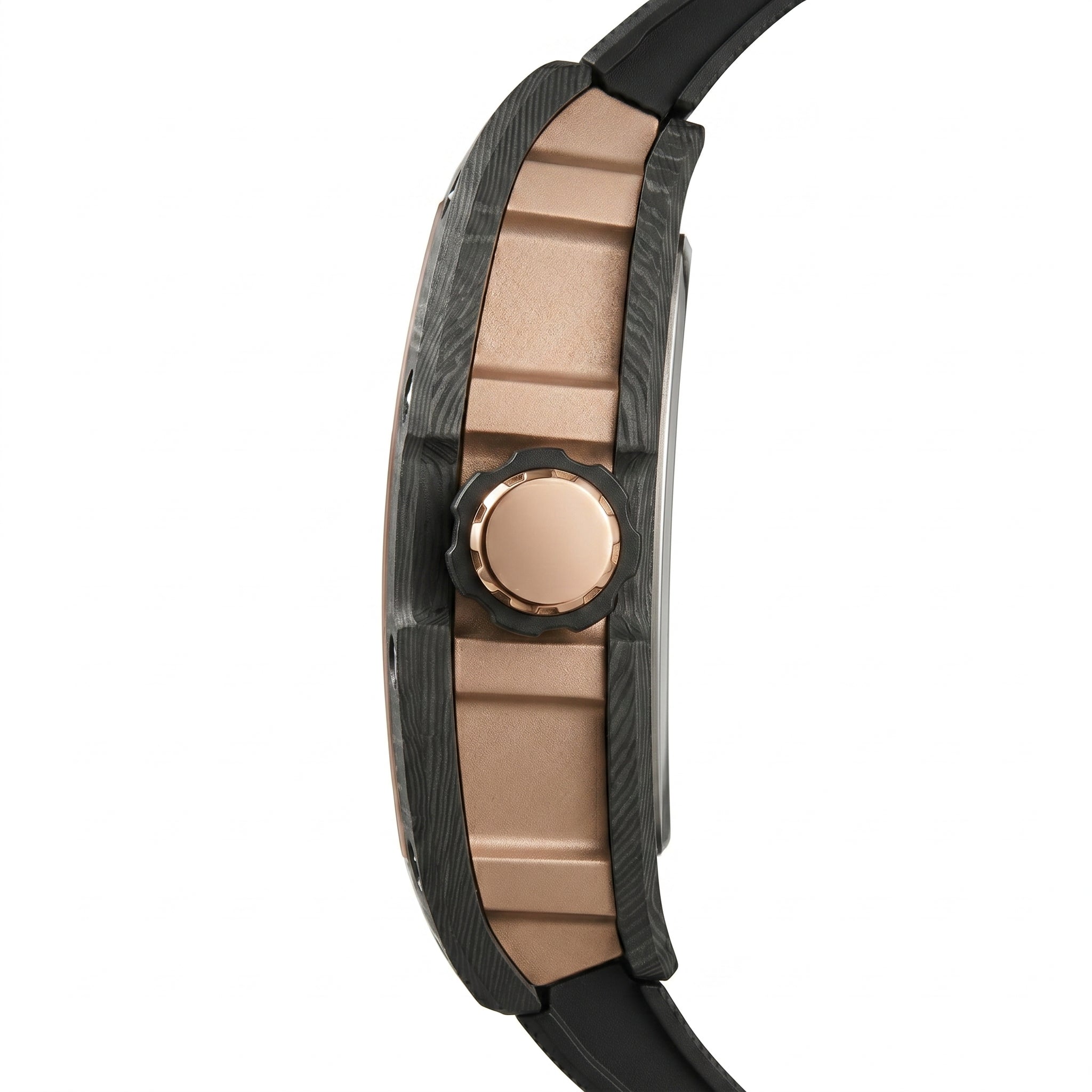 Close-up of a watch with a rose gold and black design on a white background