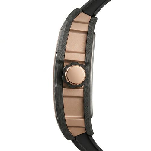 Close-up of a watch with a rose gold and black design on a white background