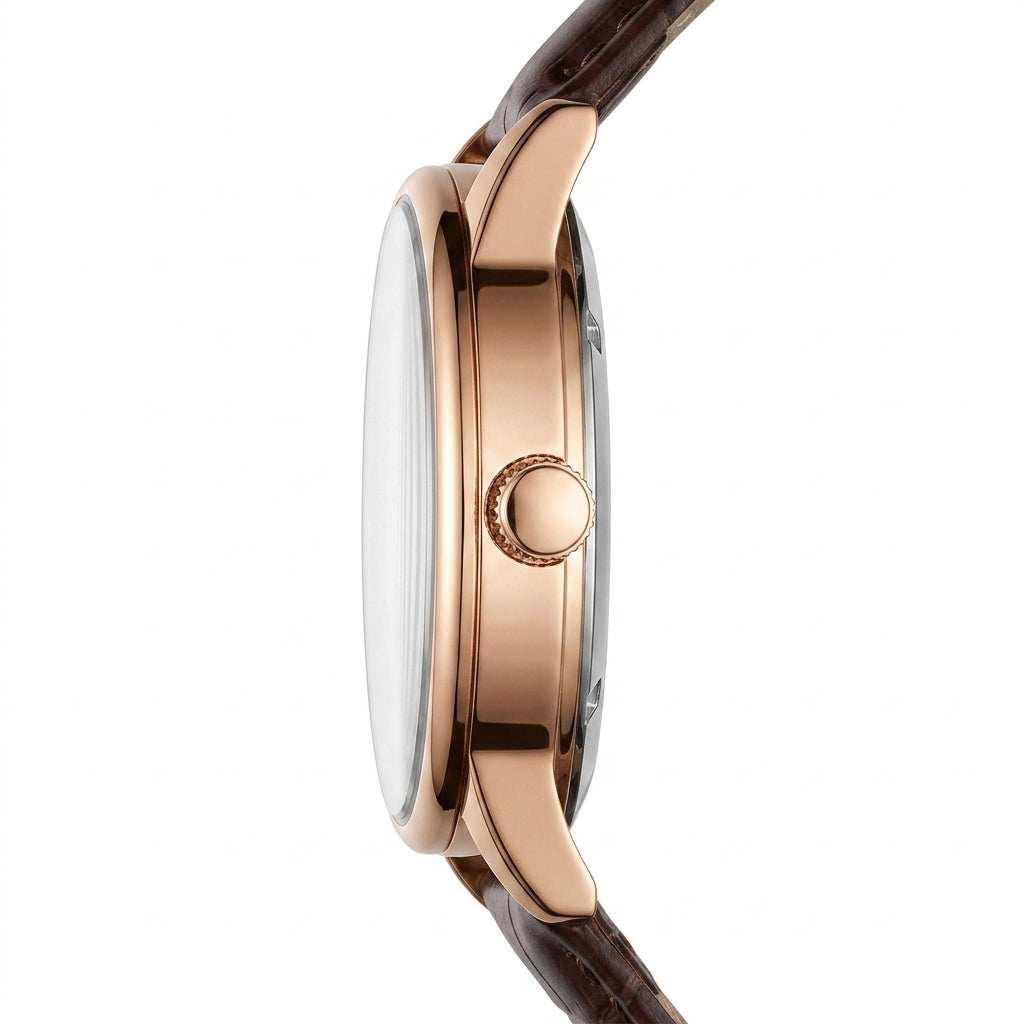 Close-up of a watch with a rose gold case and brown strap on a white background