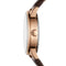 Close-up of a watch with a rose gold case and brown strap on a white background