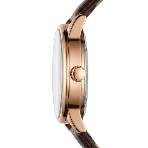 Close-up of a watch with a rose gold case and brown strap on a white background
