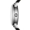 Close-up of a watch with a silver case and black strap on a white background