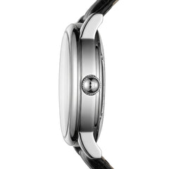 Close-up of a watch with a silver case and black strap on a white background