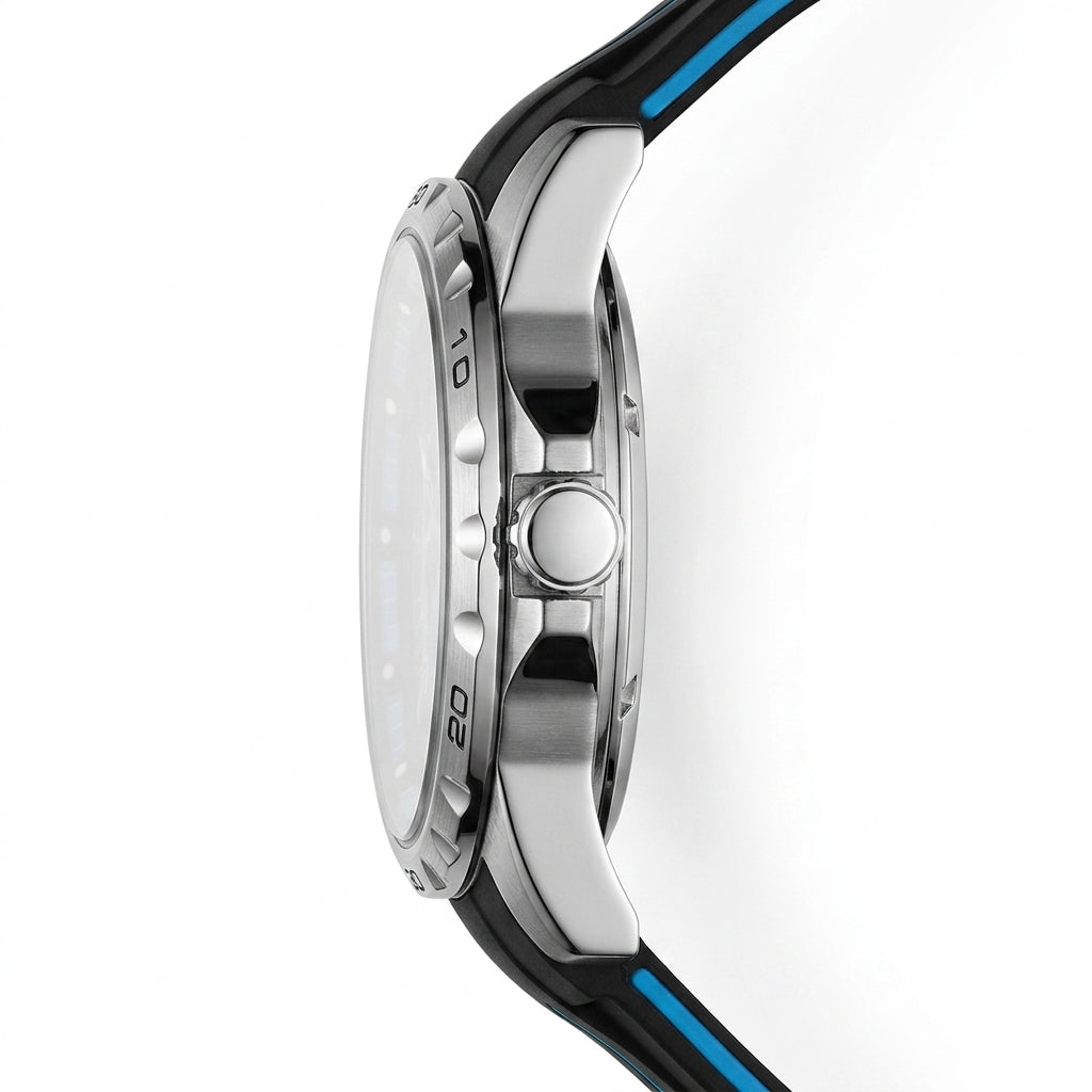 Close-up of a watch with a white face and black strap on a white background