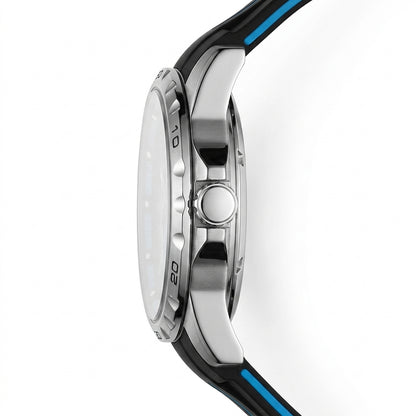 Close-up of a watch with a white face and black strap on a white background