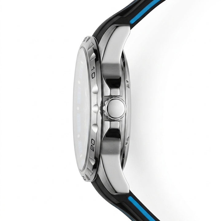 Close-up of a watch with a white face and black strap on a white background