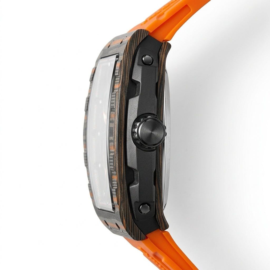 Close-up of a watch with an orange strap and black case on a white background