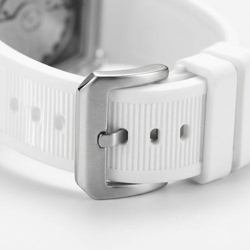 Close-up of a white watch strap with silver buckle on a light gray background