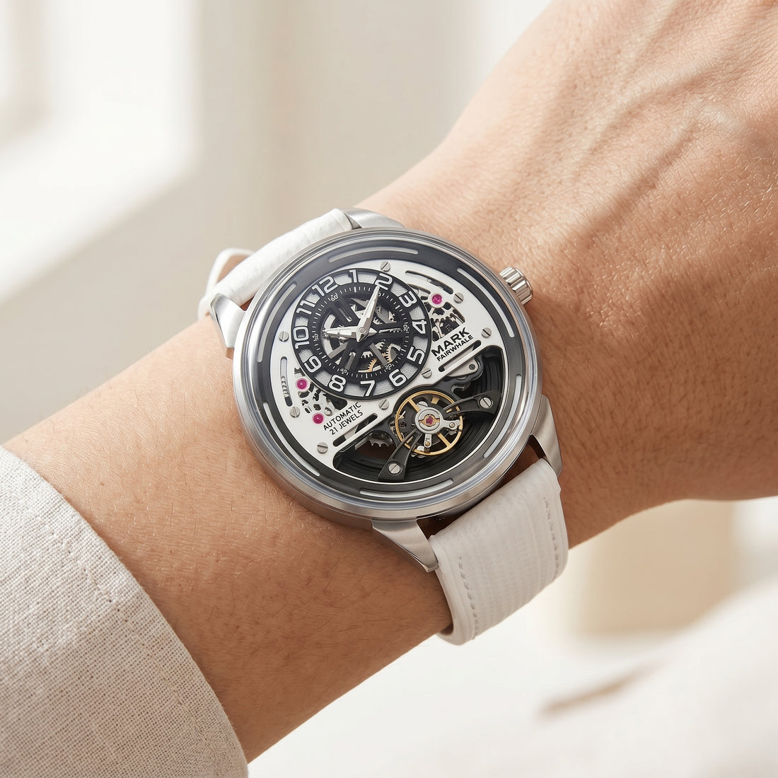 Close-up of a wrist wearing a detailed mechanical watch with a white strap.
