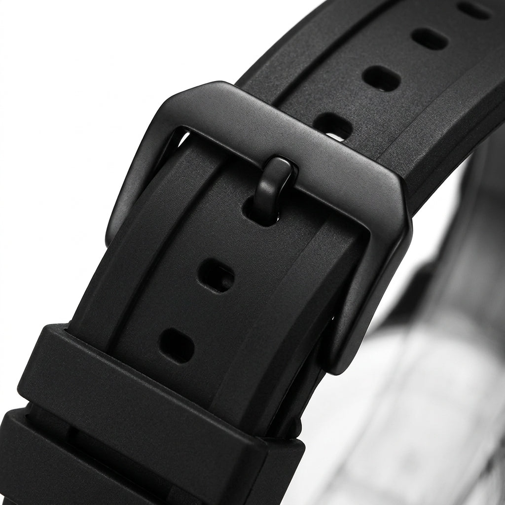 Close-up of a black watch strap with buckle on a white background