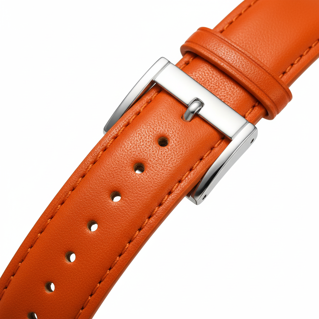 Close-up of an orange leather watch strap with a silver buckle on a white background