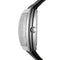 Close-up of a silver watch with a black strap on a white background