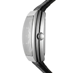 Close-up of a silver watch with a black strap on a white background