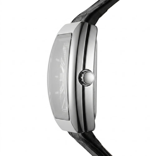 Close-up of a silver watch with a black strap on a white background