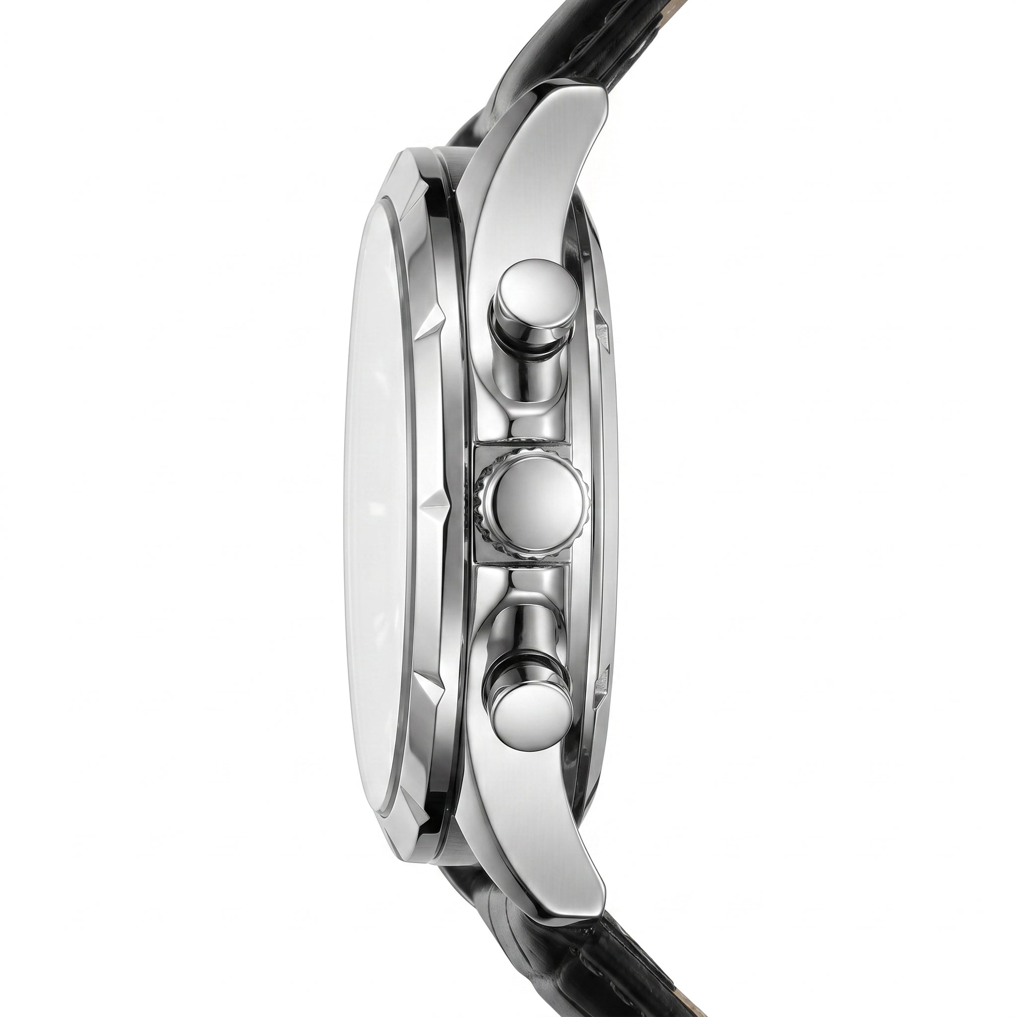 Close-up of a watch with a silver case and black strap on a white background