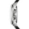 Close-up of a watch with a silver case and black strap on a white background