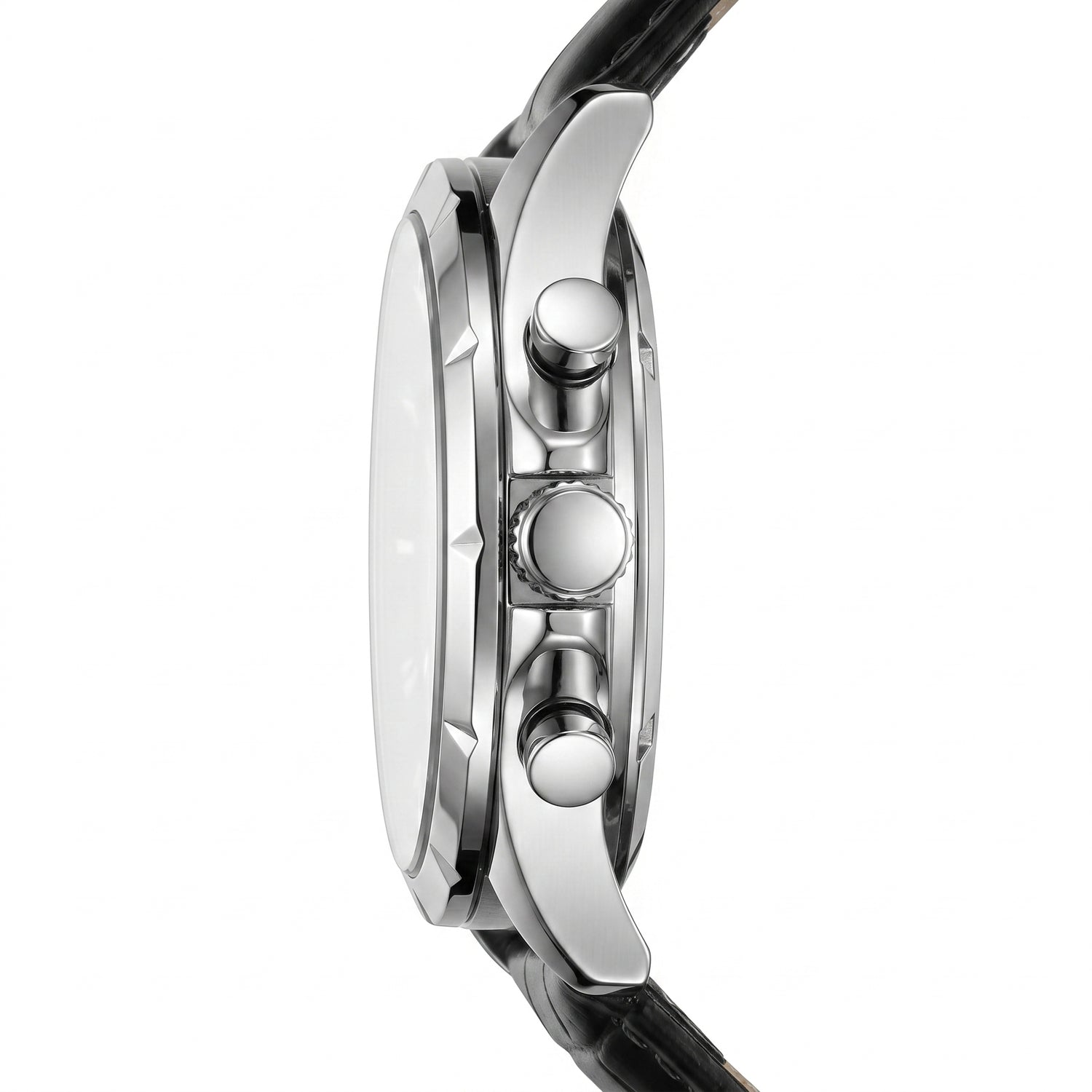 Close-up of a watch with a silver case and black strap on a white background