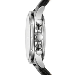 Close-up of a watch with a silver case and black strap on a white background