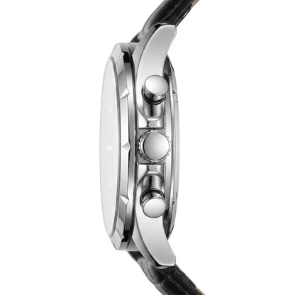 Close-up of a watch with a silver case and black strap on a white background