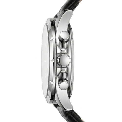 Close-up of a watch with a silver case and black strap on a white background