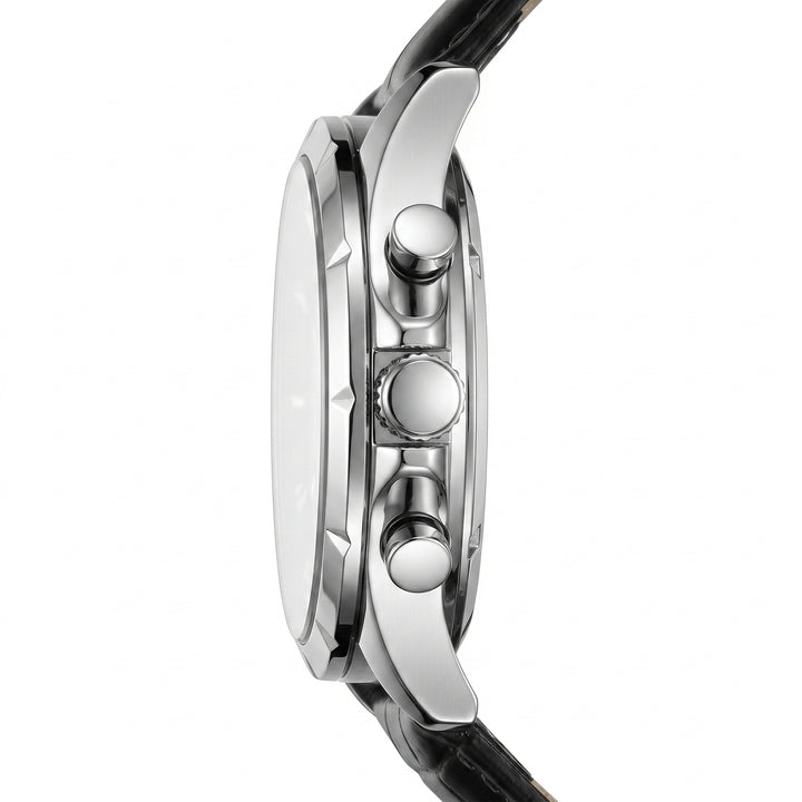 Close-up of a watch with a silver case and black strap on a white background