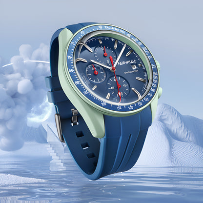 Close-up of blue dial FLOYREN FW-5650 men’s sport chronograph