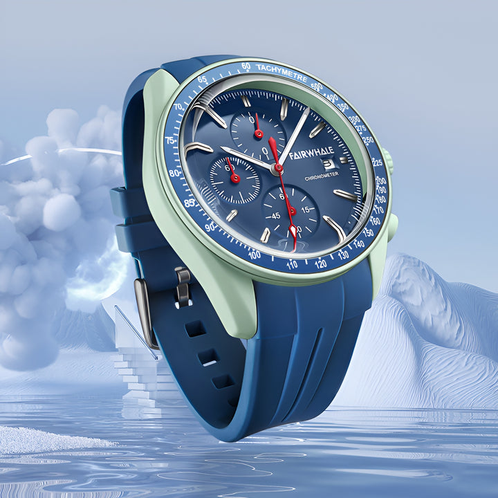 Close-up of blue dial FLOYREN FW-5650 men’s sport chronograph