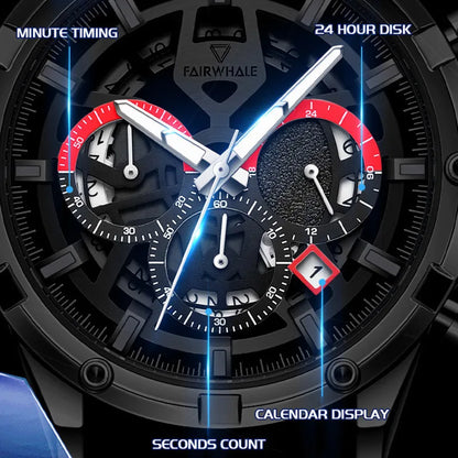 Close-up of the TONIX chronograph dial showing 24-hour disk, minute timer, and calendar display.