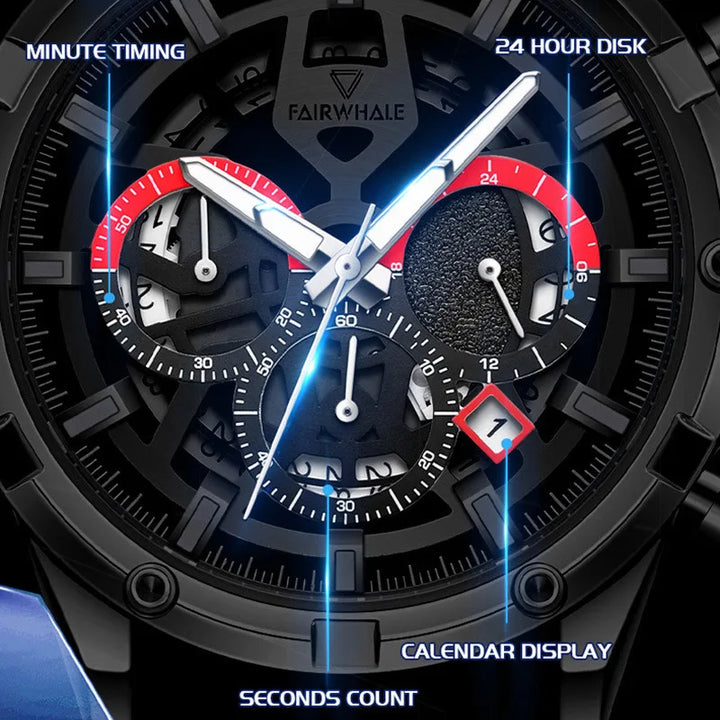 Close-up of the TONIX chronograph dial showing 24-hour disk, minute timer, and calendar display.