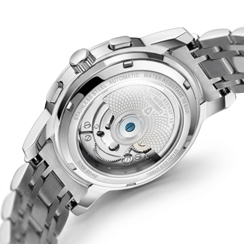 Close-up of the back of a stainless steel wristwatch with a transparent case, showing the automatic mechanical movement and bracelet on a white background.
