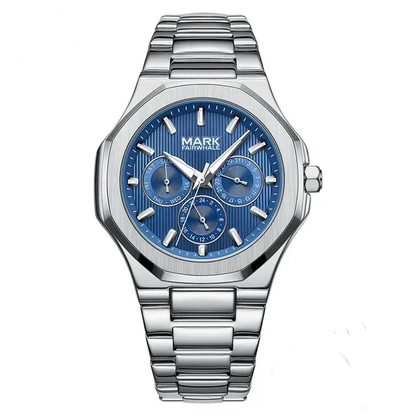 Close-up of the blue dial Mark Fairwhale FW-5890 CLEVTOR men’s quartz watch showing multifunction calendar subdials