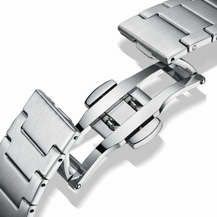 Close-up ofa a silver watch band on a white background
