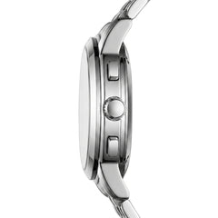 Close-up side profile of a stainless steel watch with a matching metal link band, showing the case, crown, and side buttons on a plain white background.