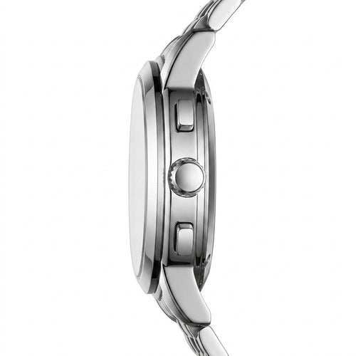 Close-up side profile of a stainless steel watch with a matching metal link band, showing the case, crown, and side buttons on a plain white background.