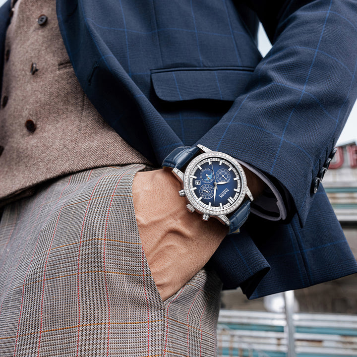 Close-up wrist shot of Mark Fairwhale LUNEXOR 5970 men’s chronograph blue edition
